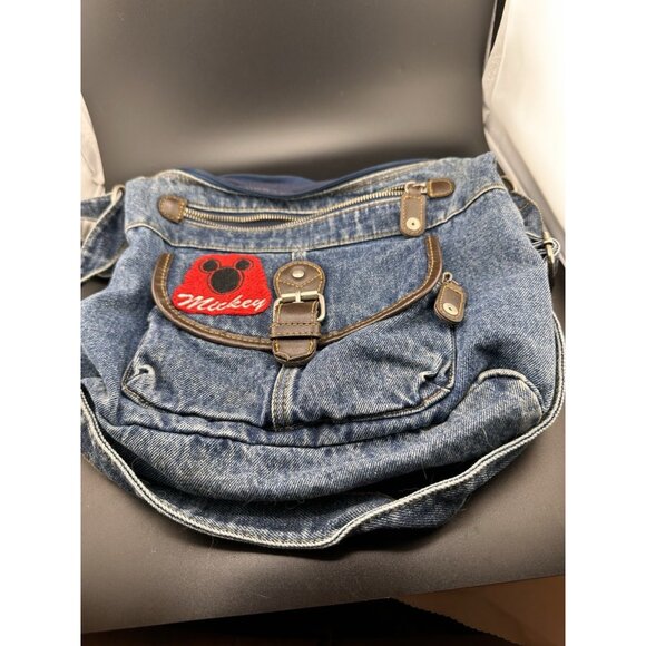 Vtg Mickey Mouse Disney 1990s Dark Denim Jean Purse Bag Patches Zippers READ - Picture 1 of 11